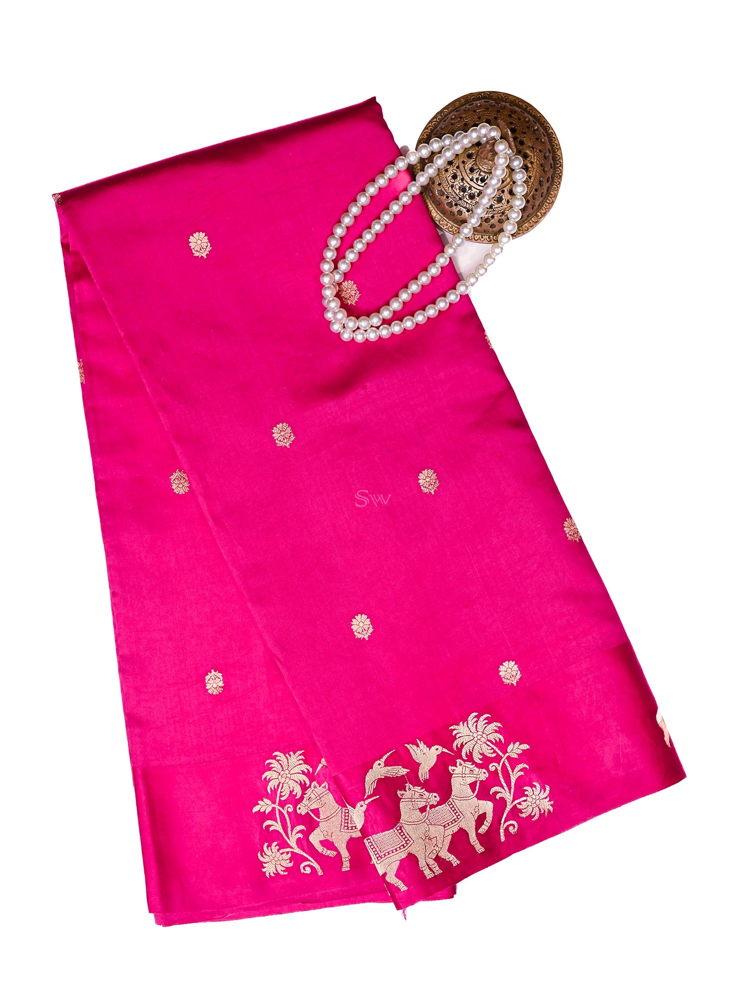 Dark Pink Booti Katan Silk Handloom Banarasi Saree - Sacred Weaves