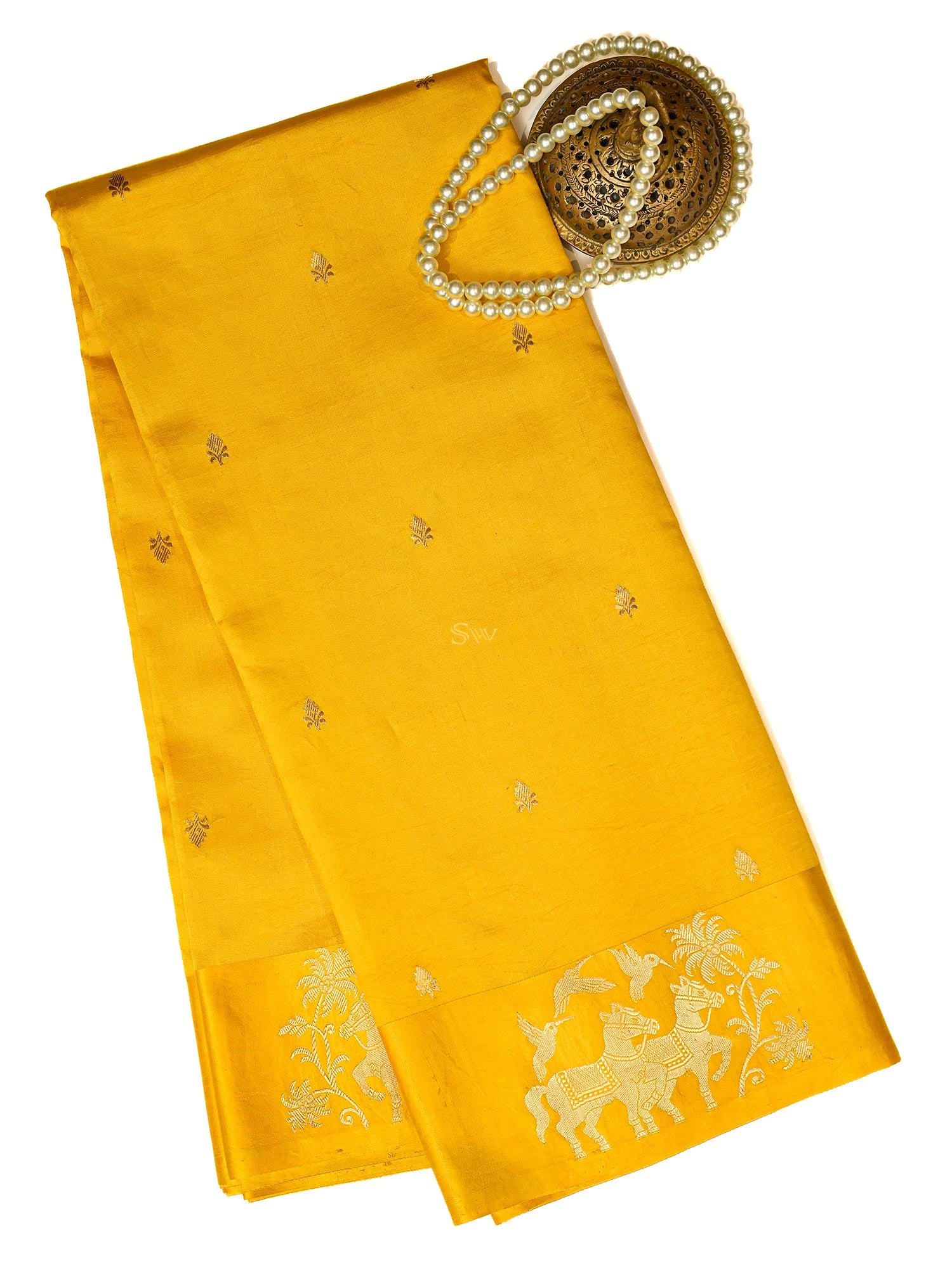 Yellow Booti Katan Silk Handloom Banarasi Saree - Sacred Weaves