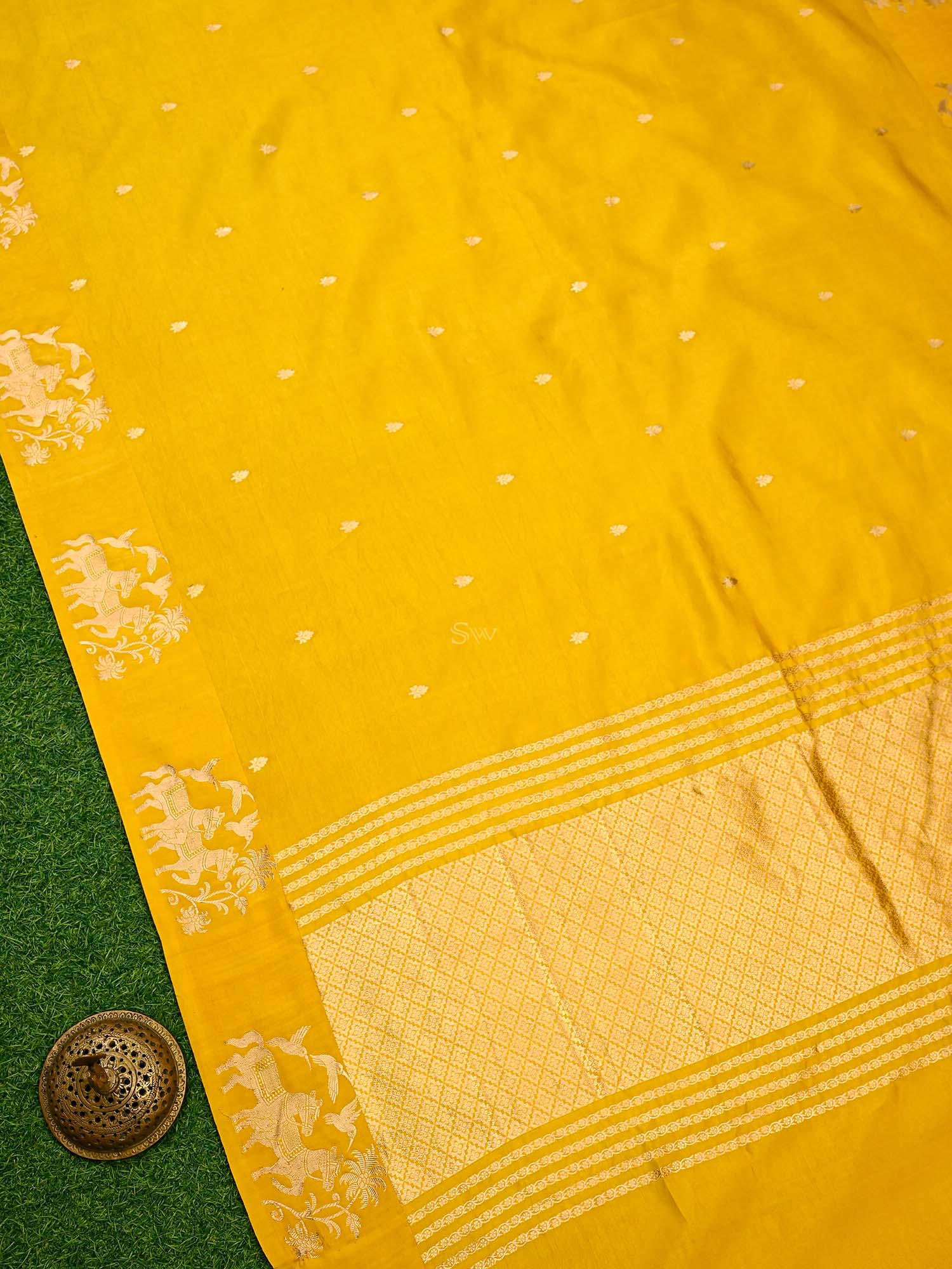 Yellow Booti Katan Silk Handloom Banarasi Saree - Sacred Weaves