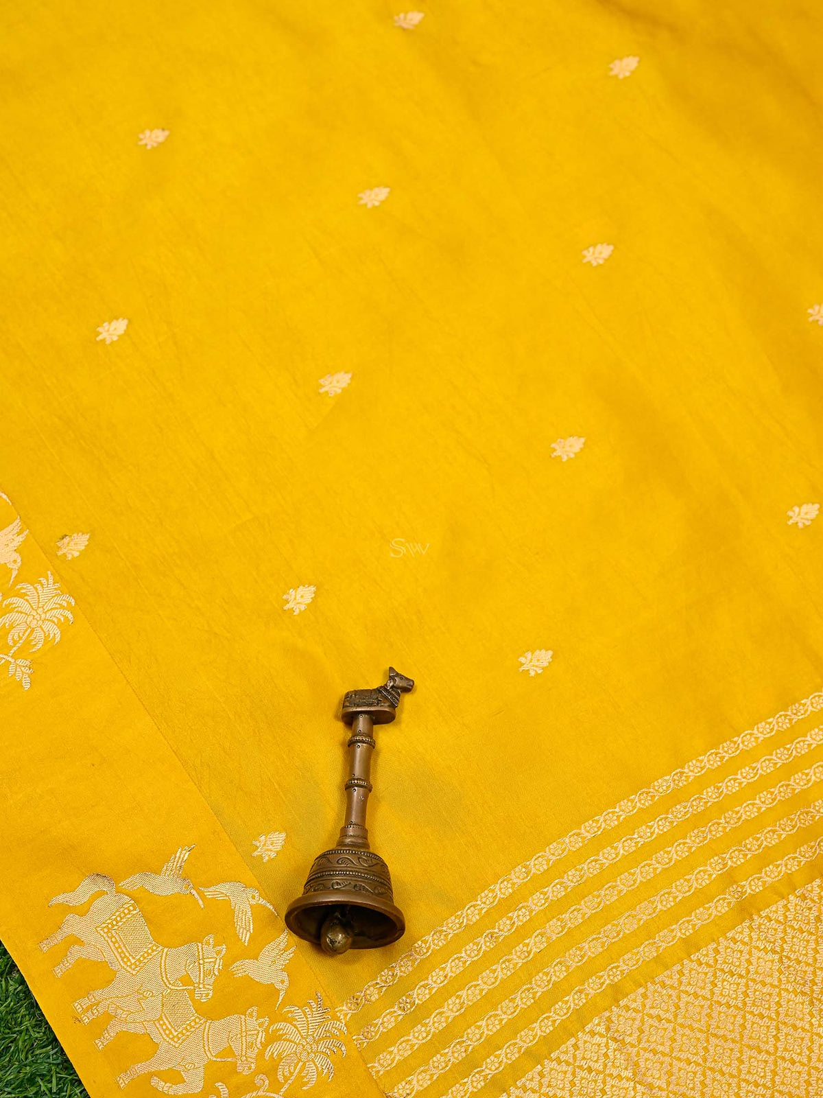 Yellow Booti Katan Silk Handloom Banarasi Saree - Sacred Weaves