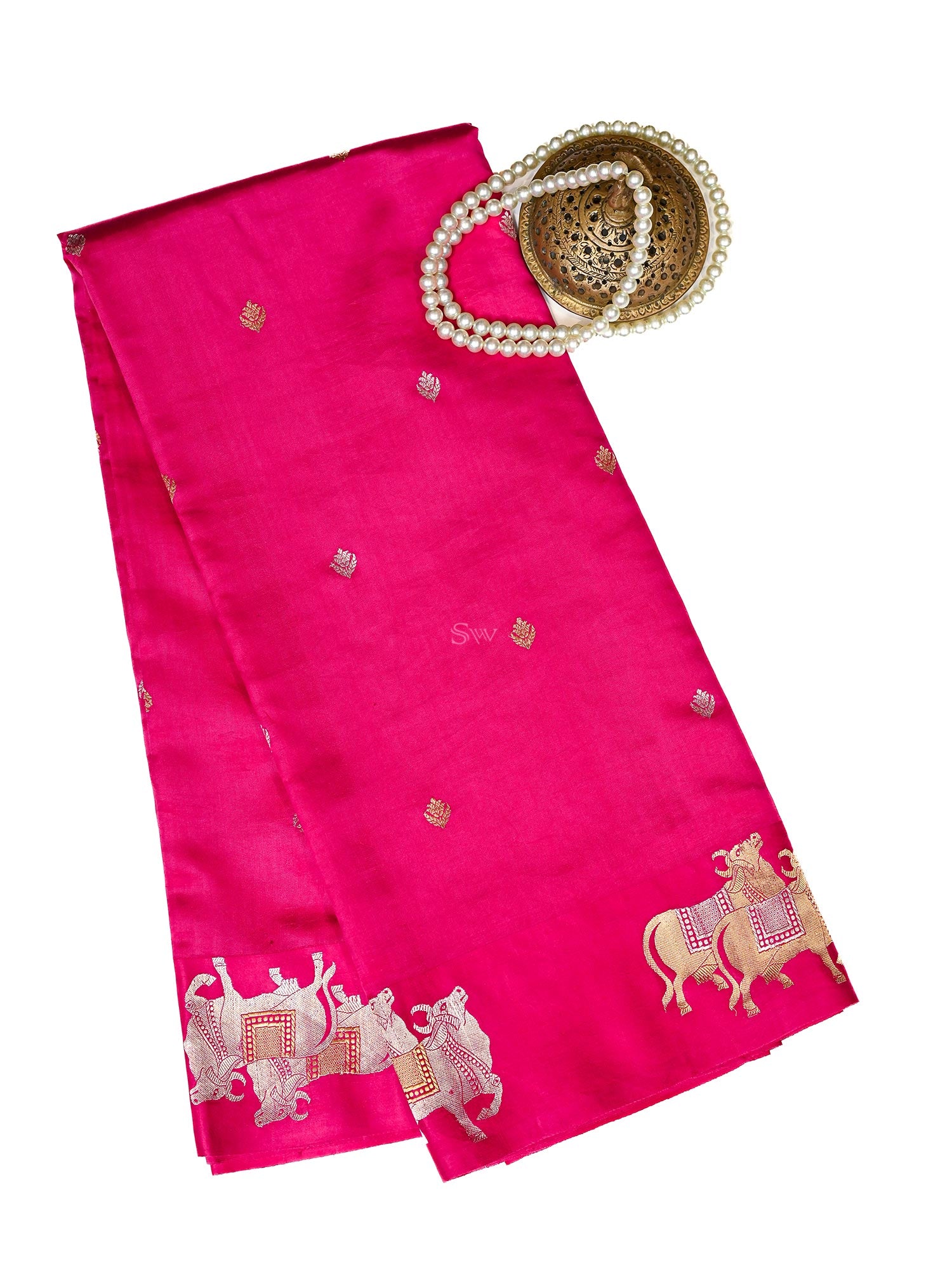Dark Pink Booti Katan Silk Handloom Banarasi Saree - Sacred Weaves