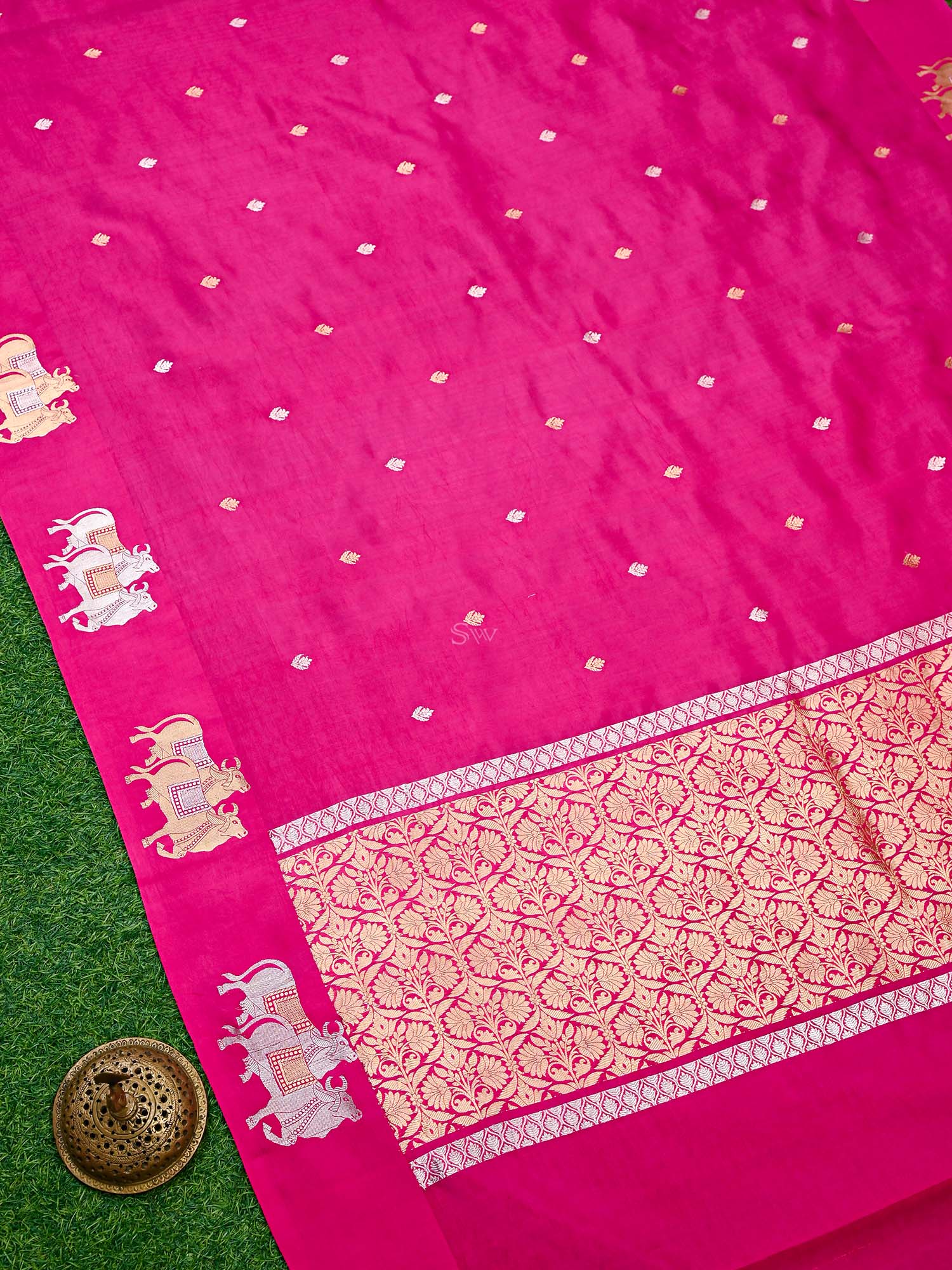 Dark Pink Booti Katan Silk Handloom Banarasi Saree - Sacred Weaves