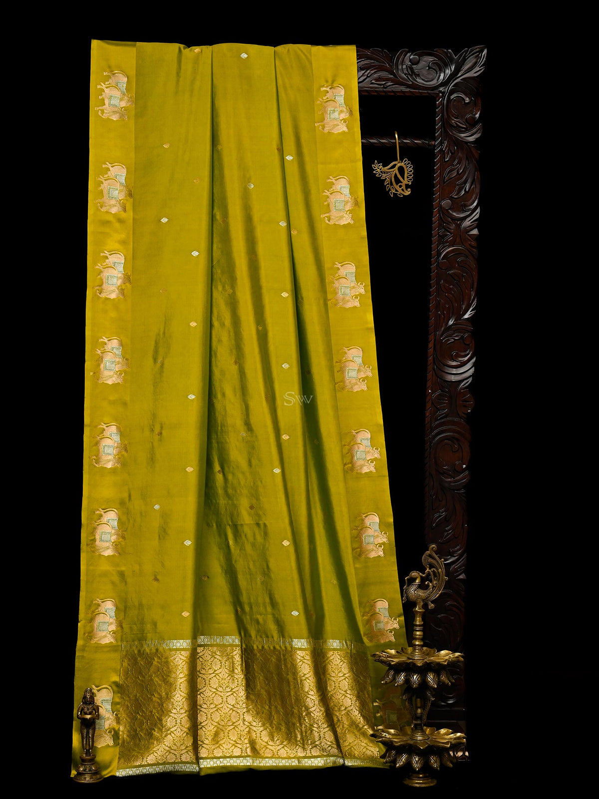 Lime Green Booti Katan Silk Handloom Banarasi Saree - Sacred Weaves