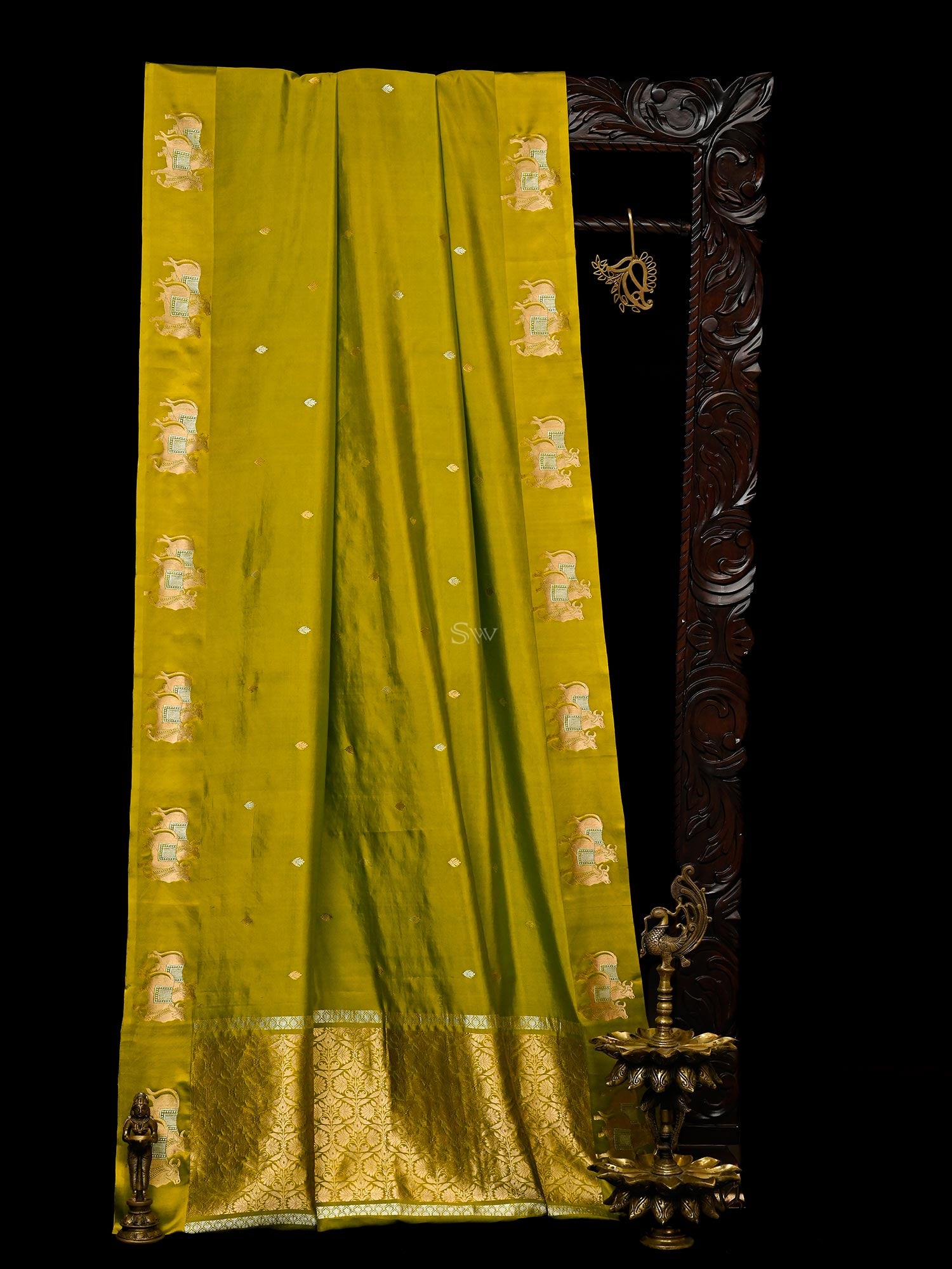 Lime Green Booti Katan Silk Handloom Banarasi Saree - Sacred Weaves