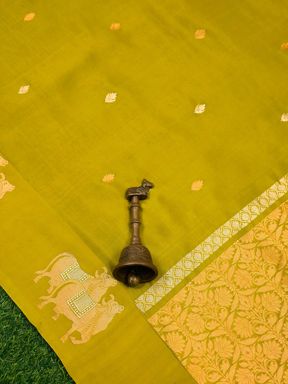 Lime Green Booti Katan Silk Handloom Banarasi Saree - Sacred Weaves