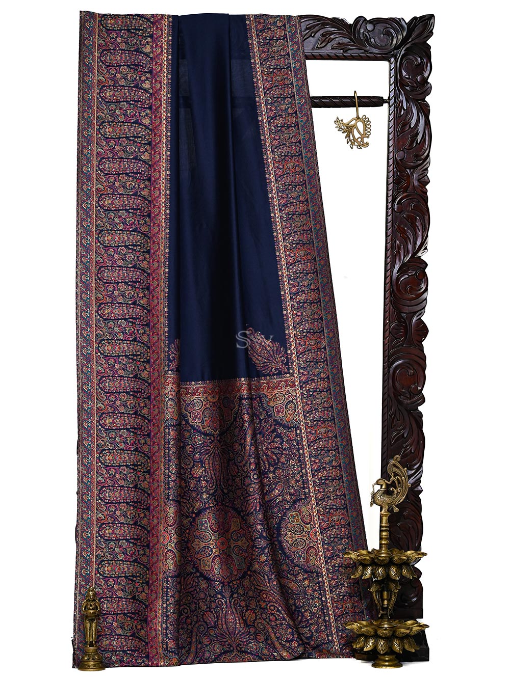 Navy Blue Pashmina Moonga Silk Handloom Banarasi Saree