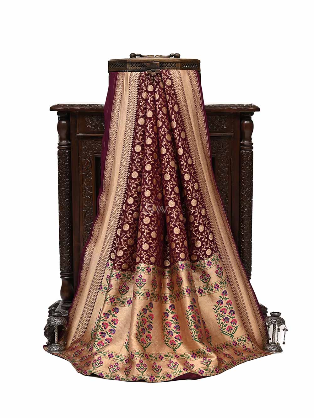 Wine Paithani Khaddi Georgette Handloom Banarasi Saree - Sacred Weaves