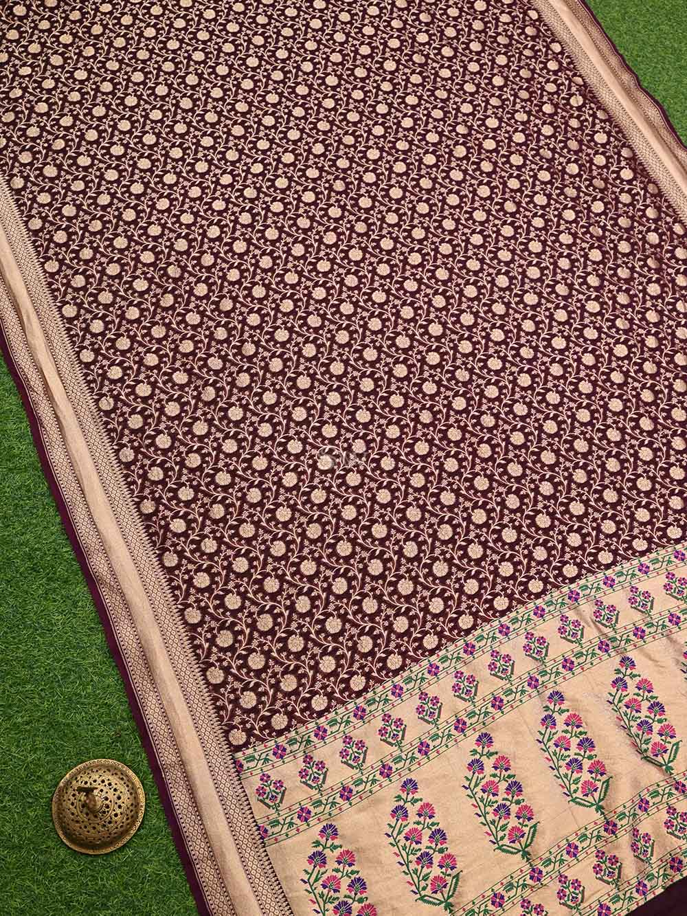 Wine Paithani Khaddi Georgette Handloom Banarasi Saree - Sacred Weaves