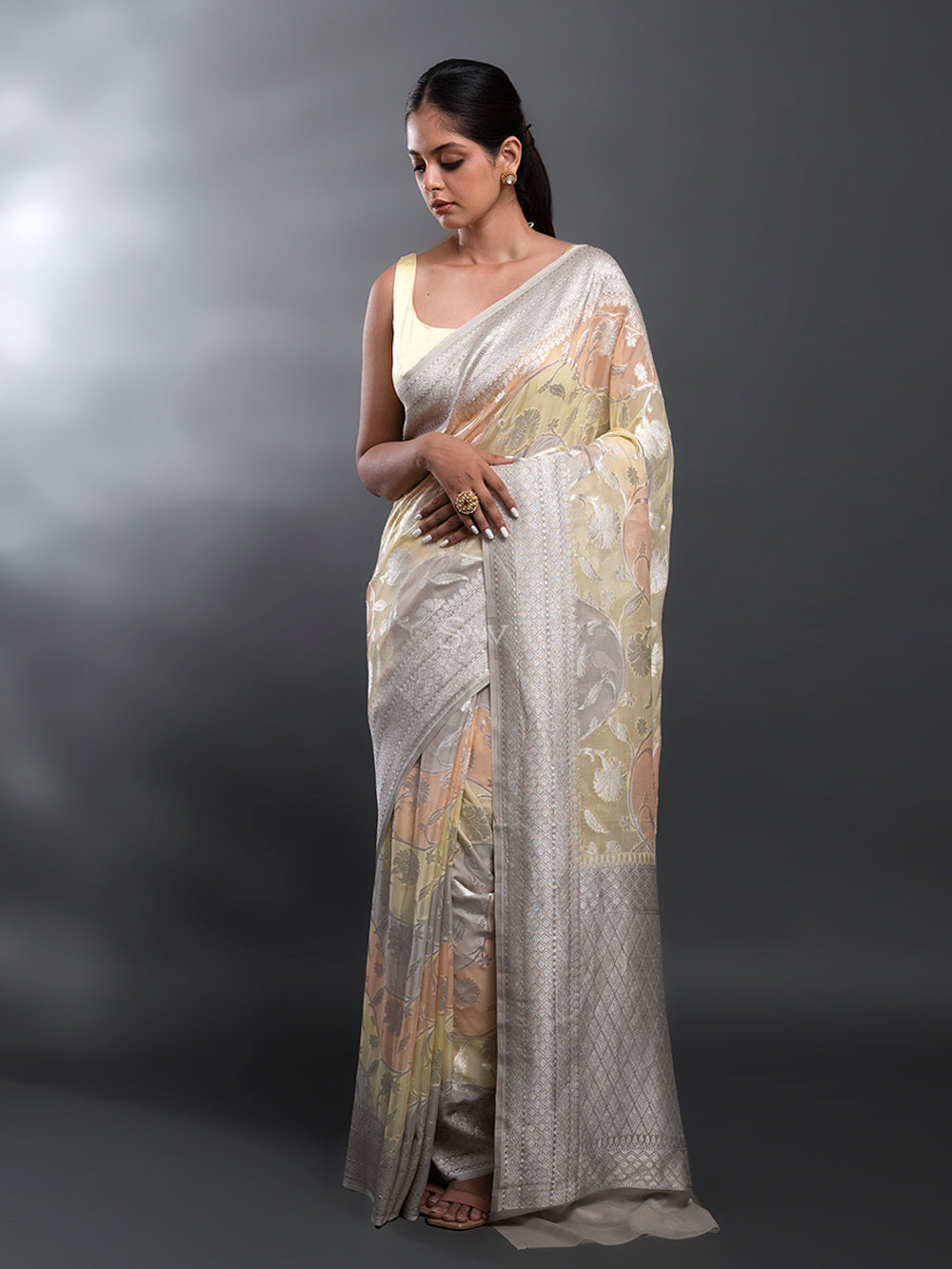 Yellow Grey Rangkat Khaddi Georgette Handloom Banarasi Saree - Sacred Weaves
