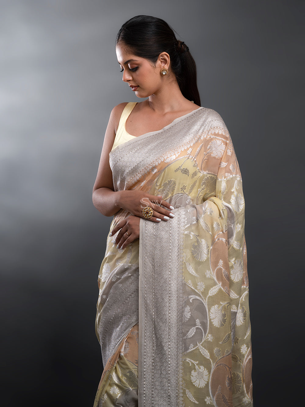 Yellow Grey Rangkat Khaddi Georgette Handloom Banarasi Saree - Sacred Weaves