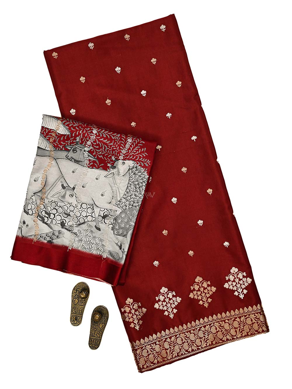 Dark Maroon Booti Katan Silk Handloom Banarasi Suit - Sacred Weaves