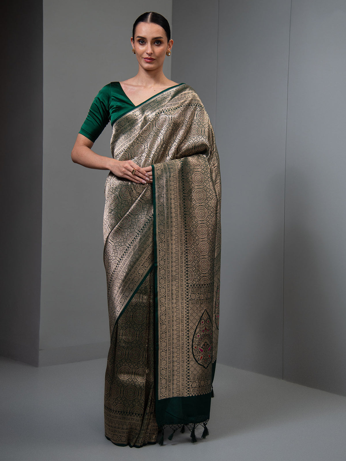 Bottle Green Meenakari Silk Brocade Handloom Banarasi Saree