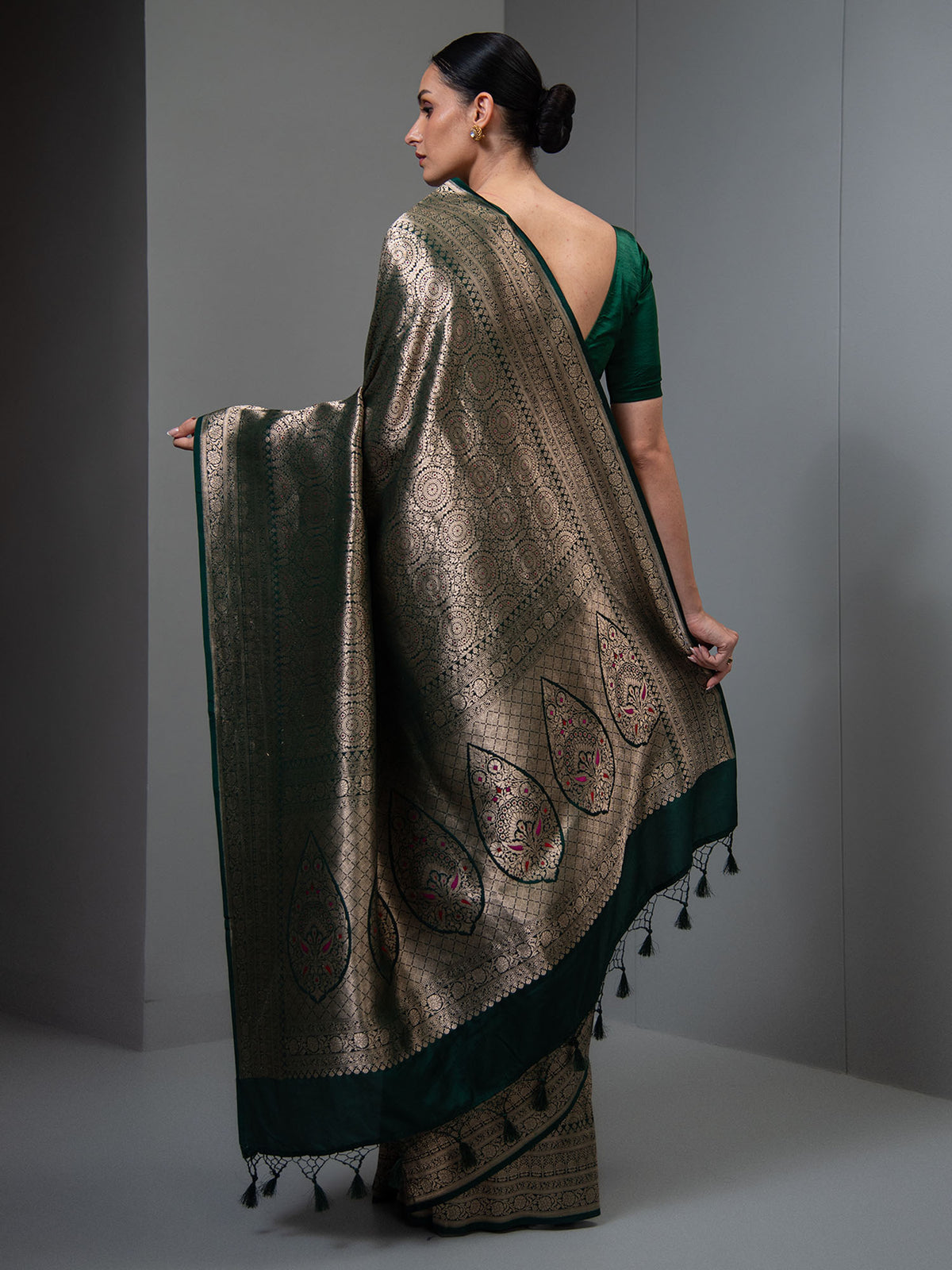 Bottle Green Meenakari Silk Brocade Handloom Banarasi Saree