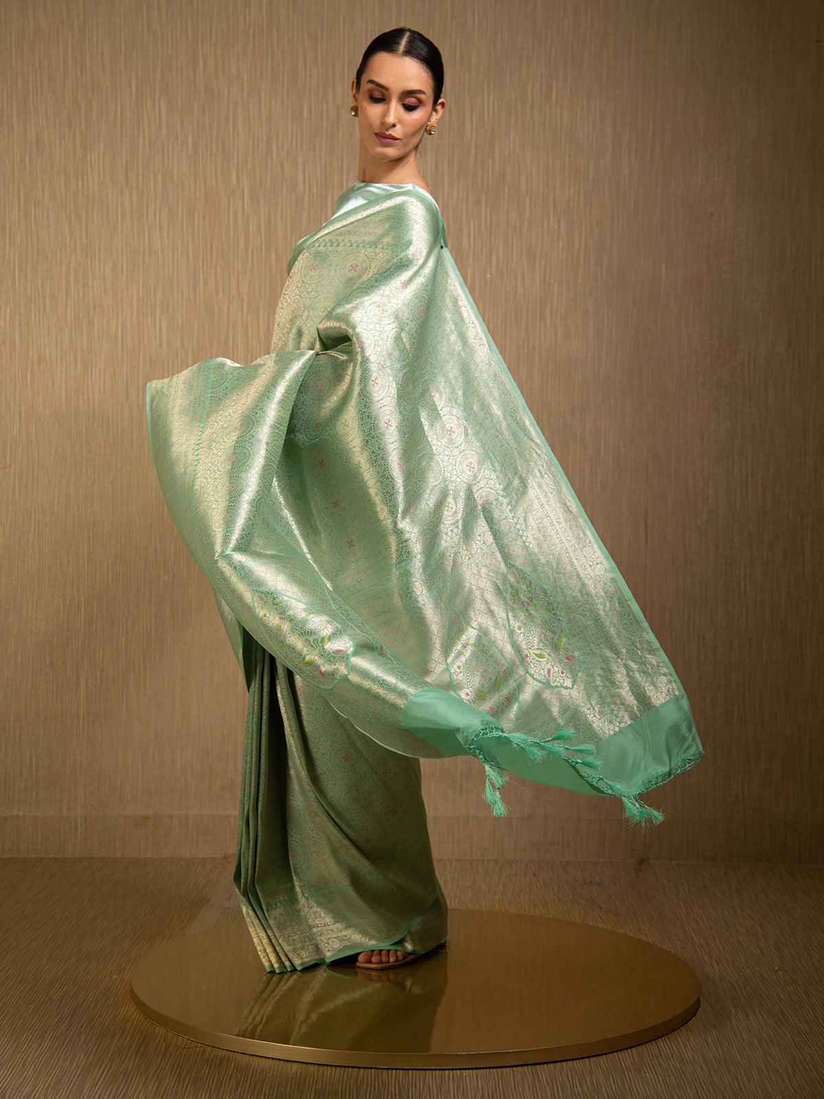 Pastel Aqua Green Meenakari Silk Brocade Handloom Banarasi Saree