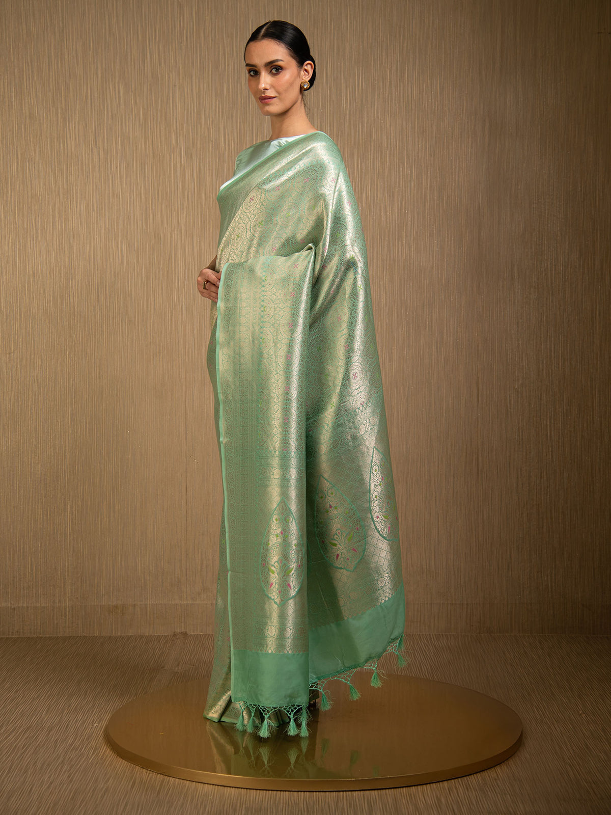 Pastel Aqua Green Meenakari Silk Brocade Handloom Banarasi Saree