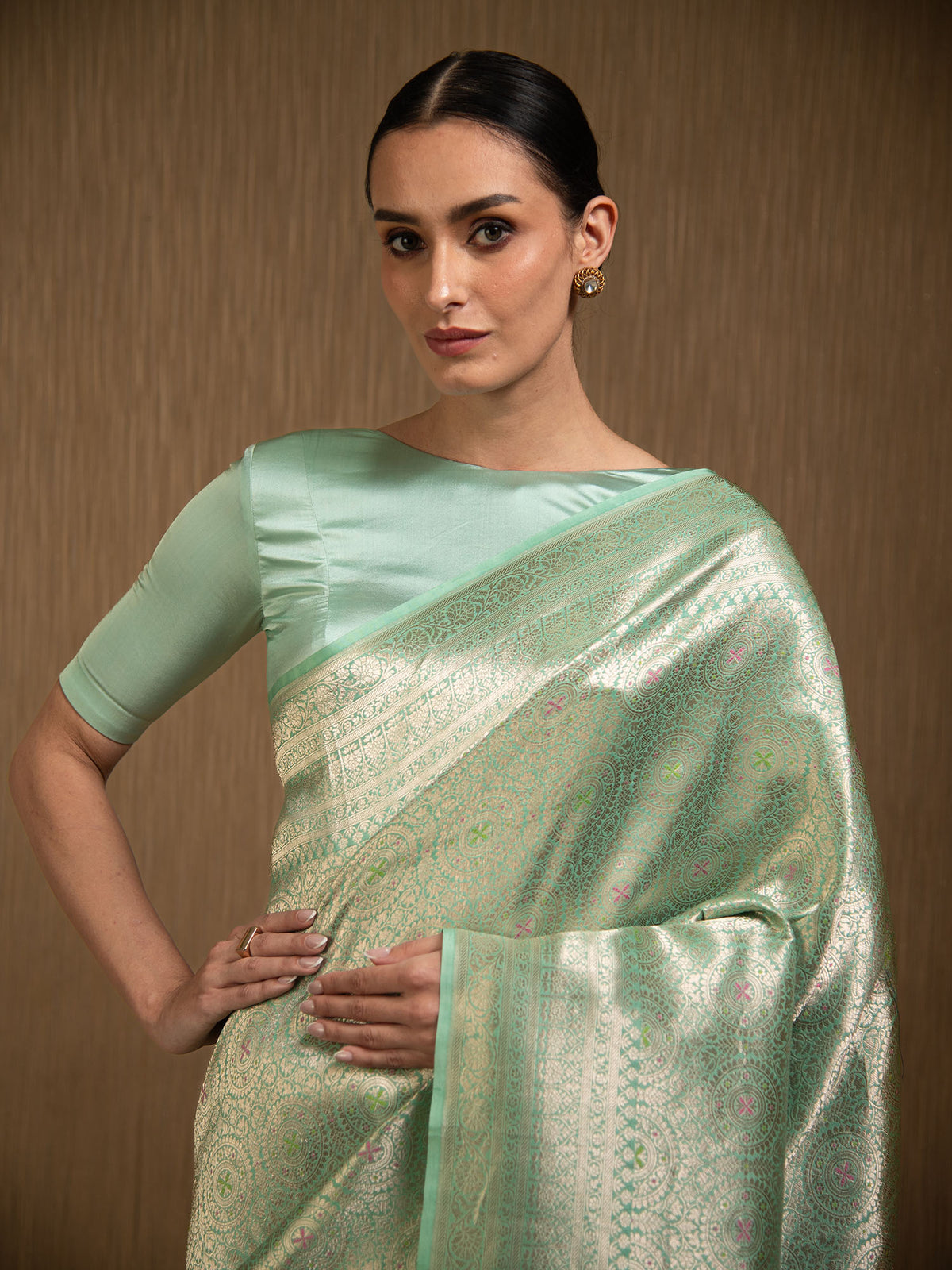 Pastel Aqua Green Meenakari Silk Brocade Handloom Banarasi Saree