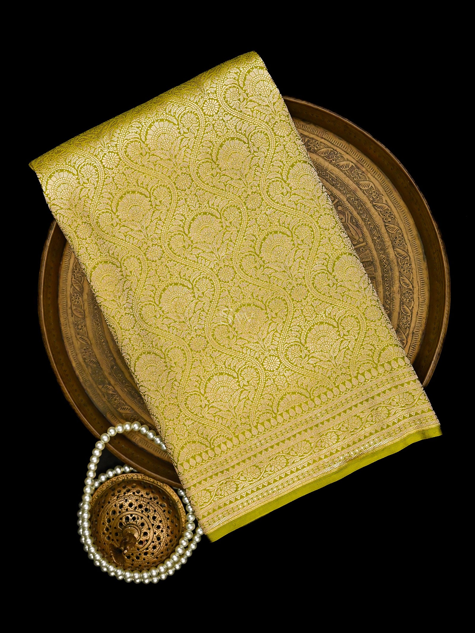 Lime Green Silk Brocade Handloom Banarasi Saree - Sacred Weaves