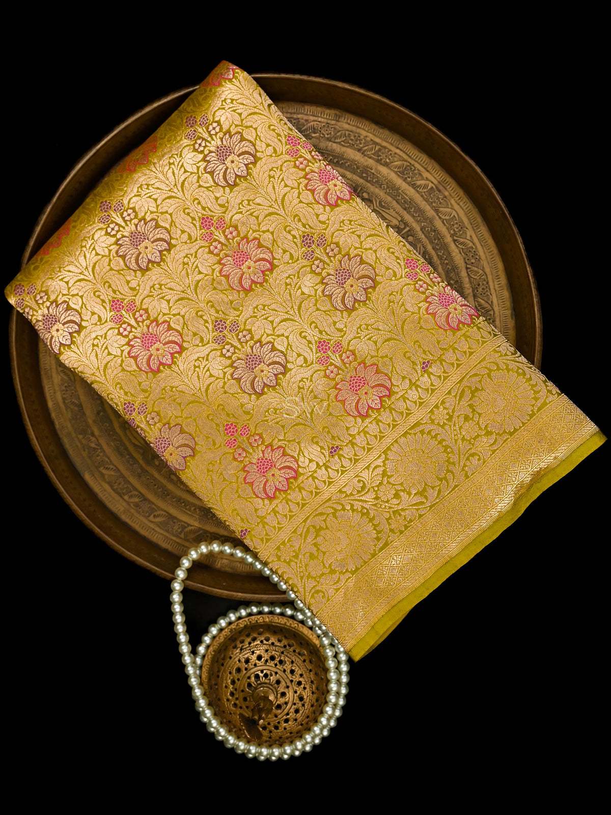 Lime Green Meenakari Silk Brocade Handloom Banarasi Saree - Sacred Weaves