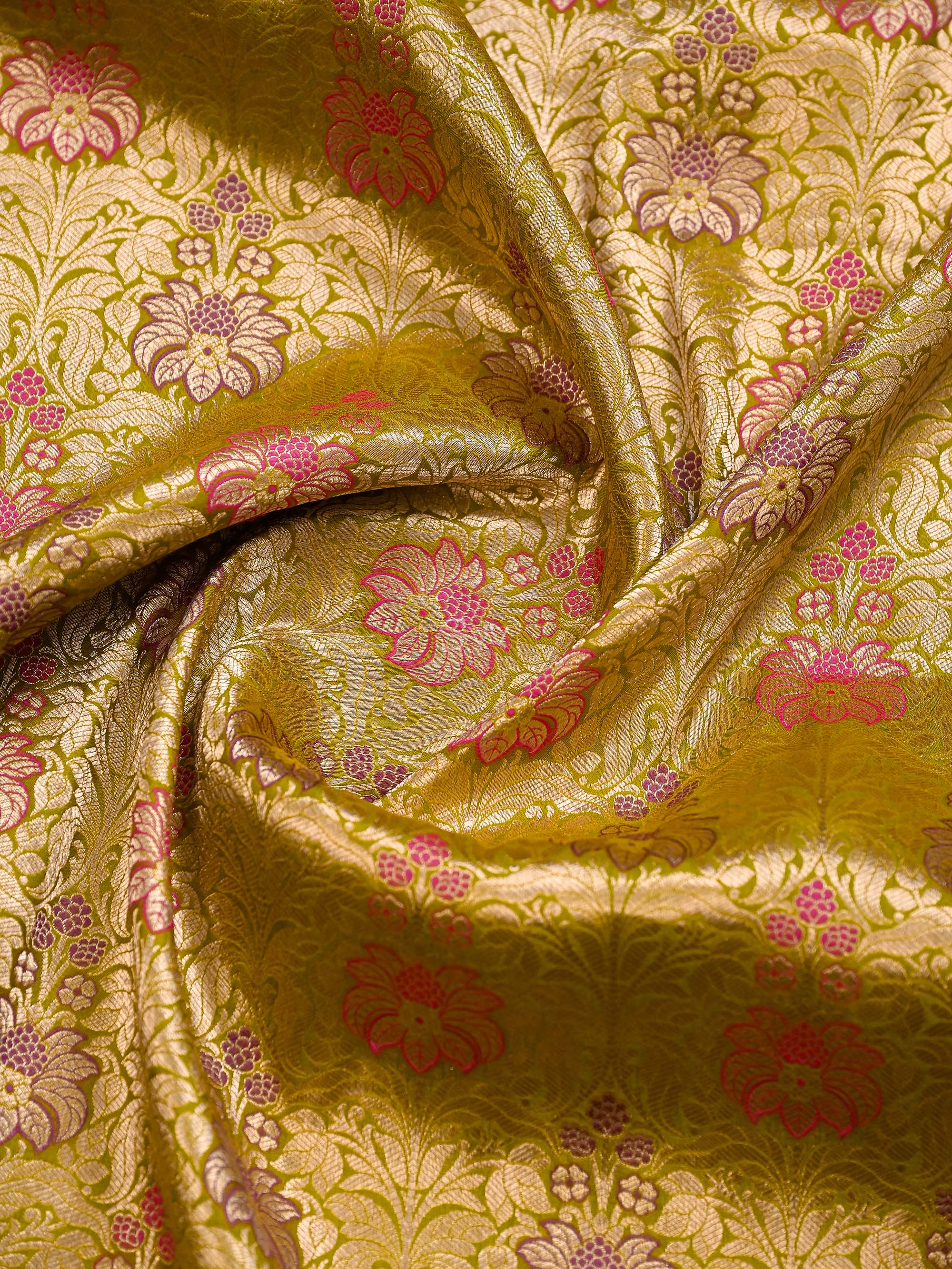 Lime Green Meenakari Silk Brocade Handloom Banarasi Saree - Sacred Weaves