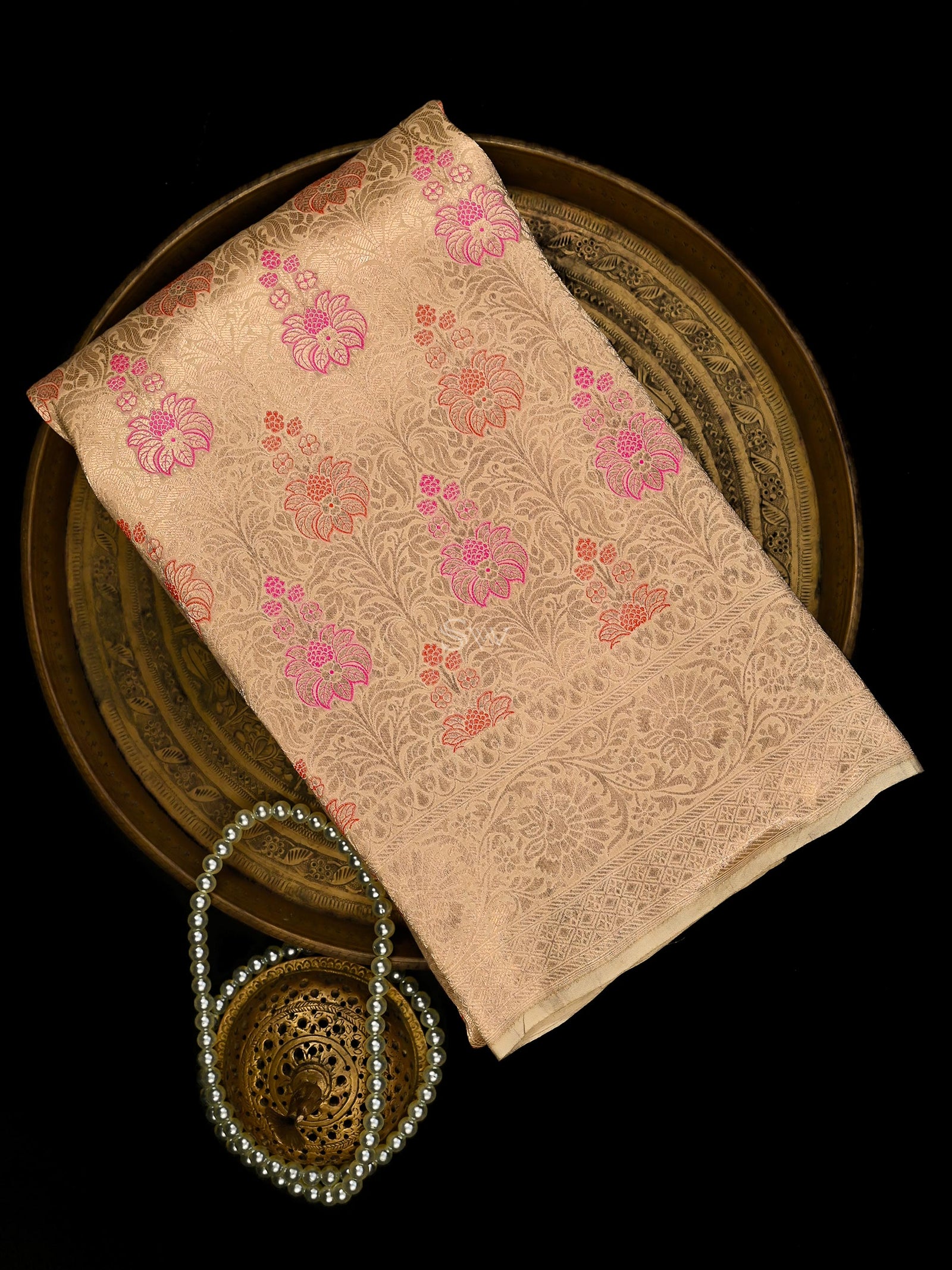 Cream Meenakari Silk Brocade Handloom Banarasi Saree - Sacred Weaves