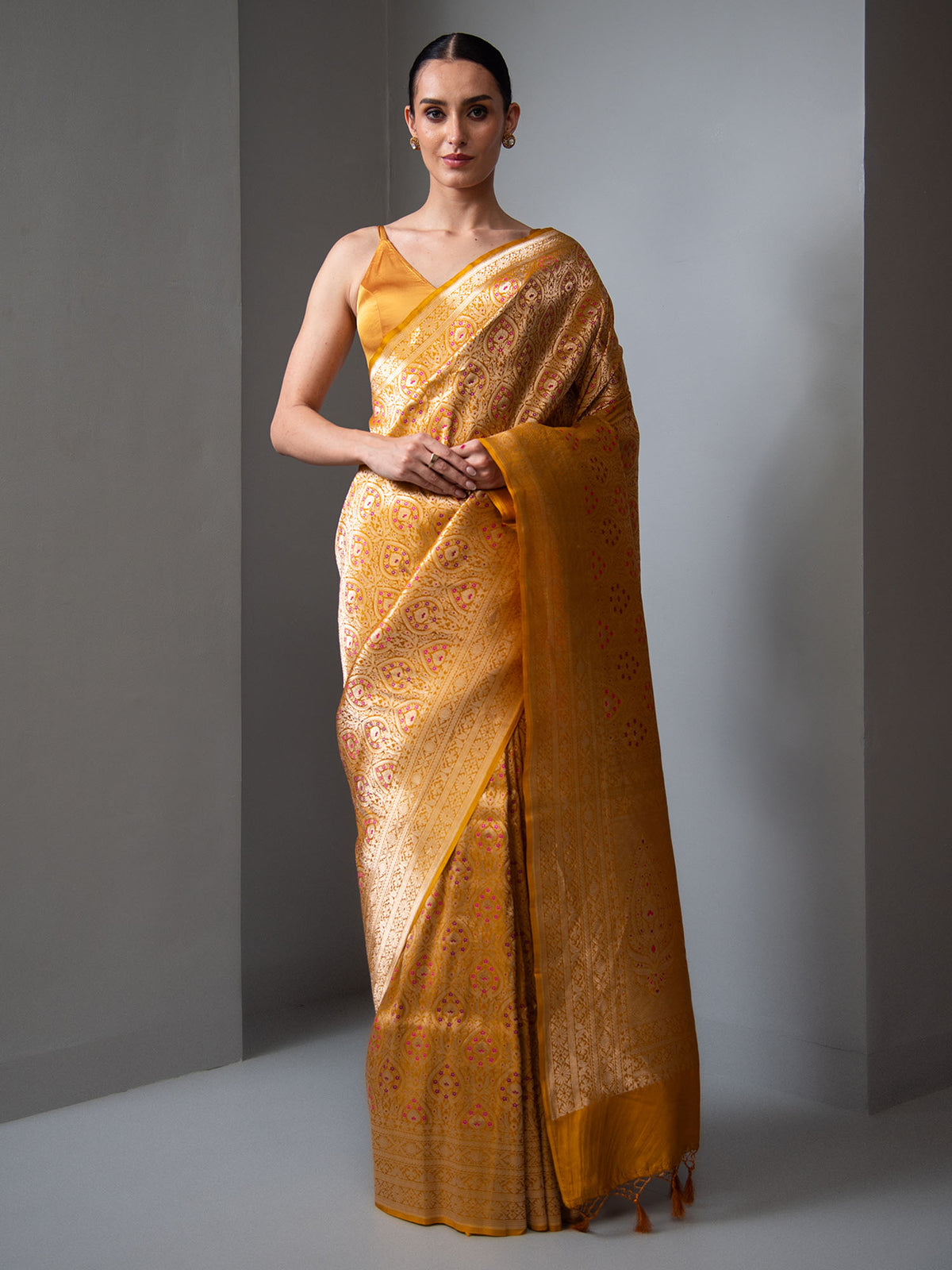 Mustard Meenakari Silk Brocade Handloom Banarasi Saree