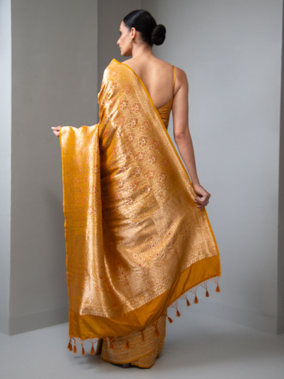 Mustard Meenakari Silk Brocade Handloom Banarasi Saree
