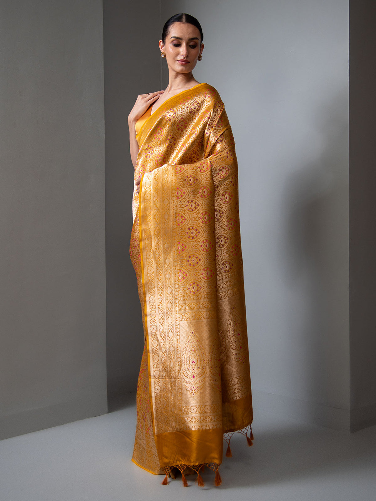 Mustard Meenakari Silk Brocade Handloom Banarasi Saree