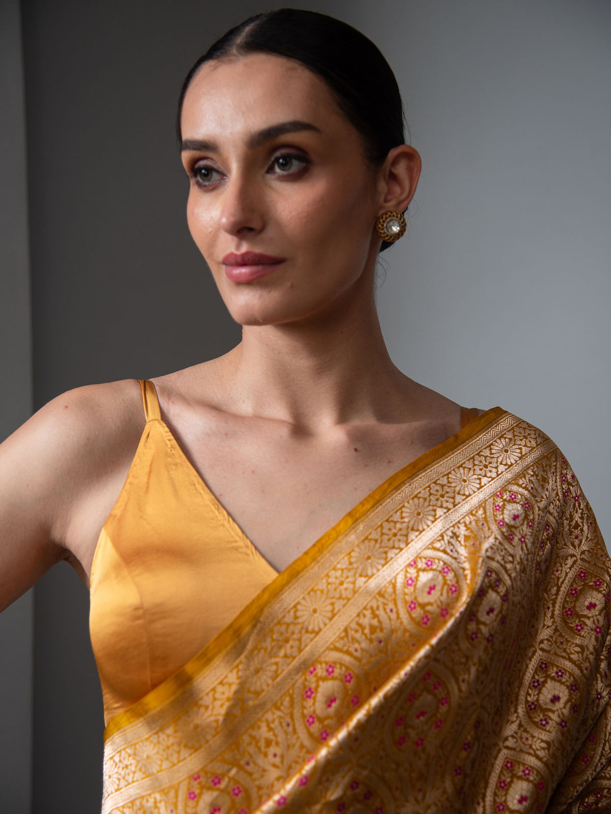 Mustard Meenakari Silk Brocade Handloom Banarasi Saree