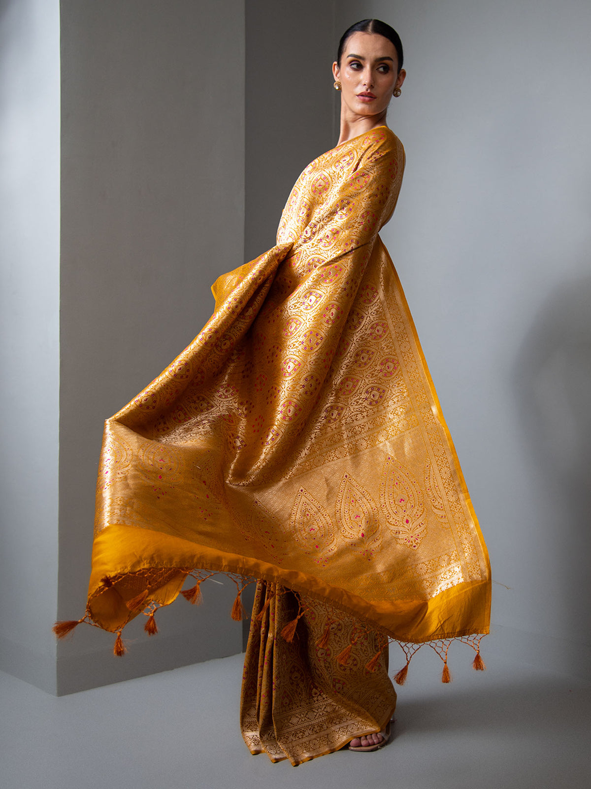 Mustard Meenakari Silk Brocade Handloom Banarasi Saree