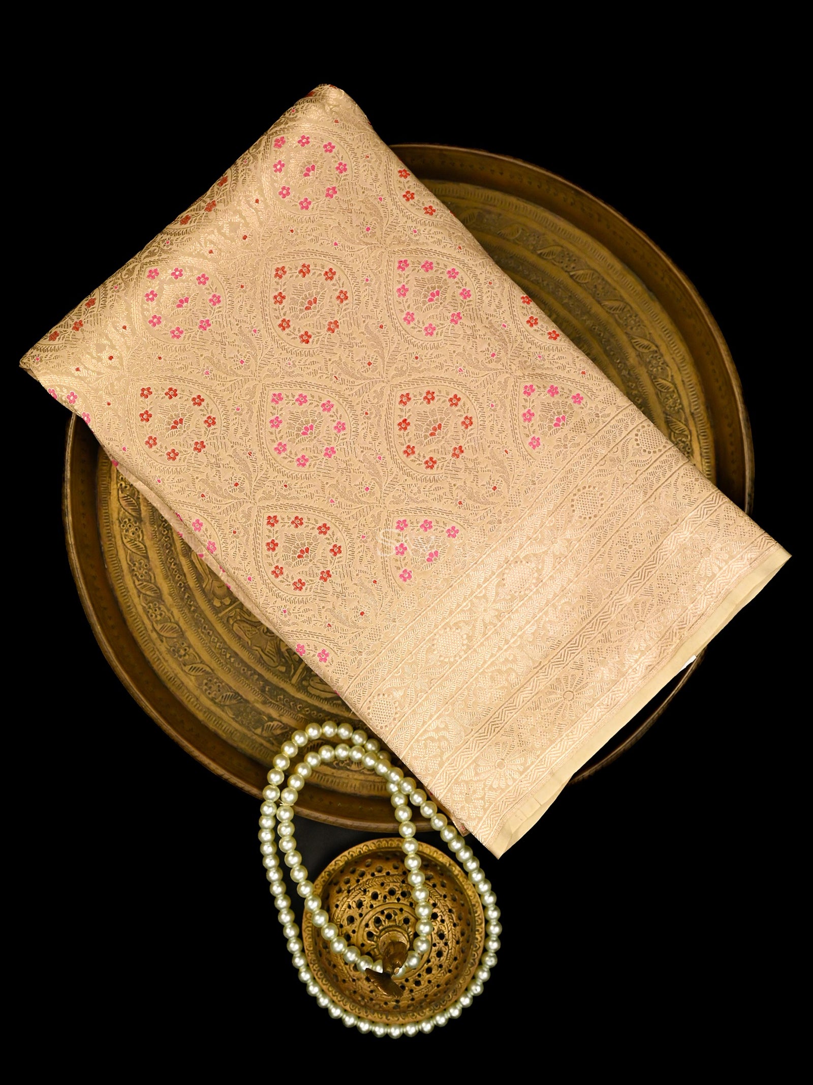 Cream Meenakari Silk Brocade Handloom Banarasi Saree - Sacred Weaves