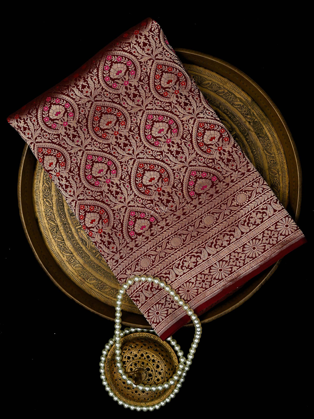 Maroon Meenakari Silk Brocade Handloom Banarasi Saree