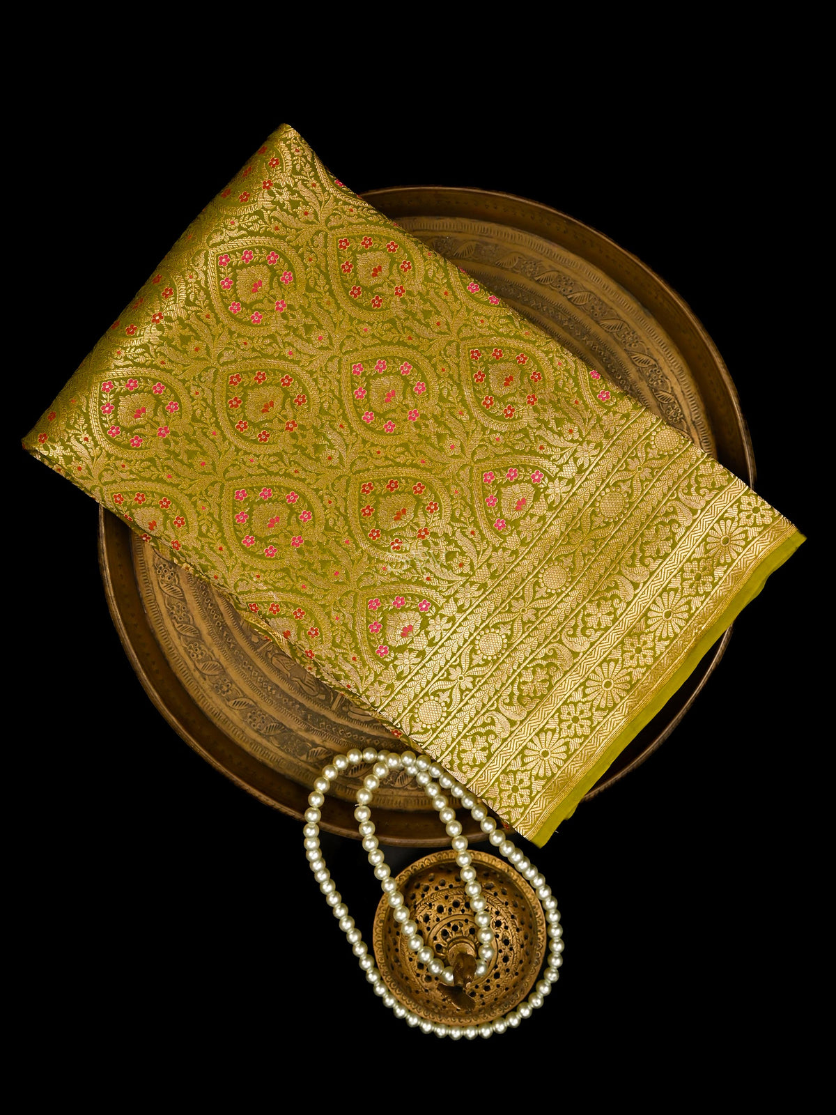 Lime Green Meenakari Silk Brocade Handloom Banarasi Saree - Sacred Weaves