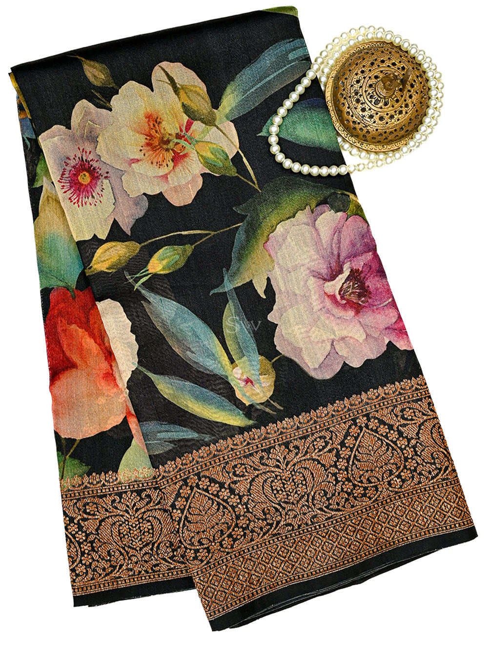 Black Digital Printed Tussar Silk Handloom Banarasi Saree