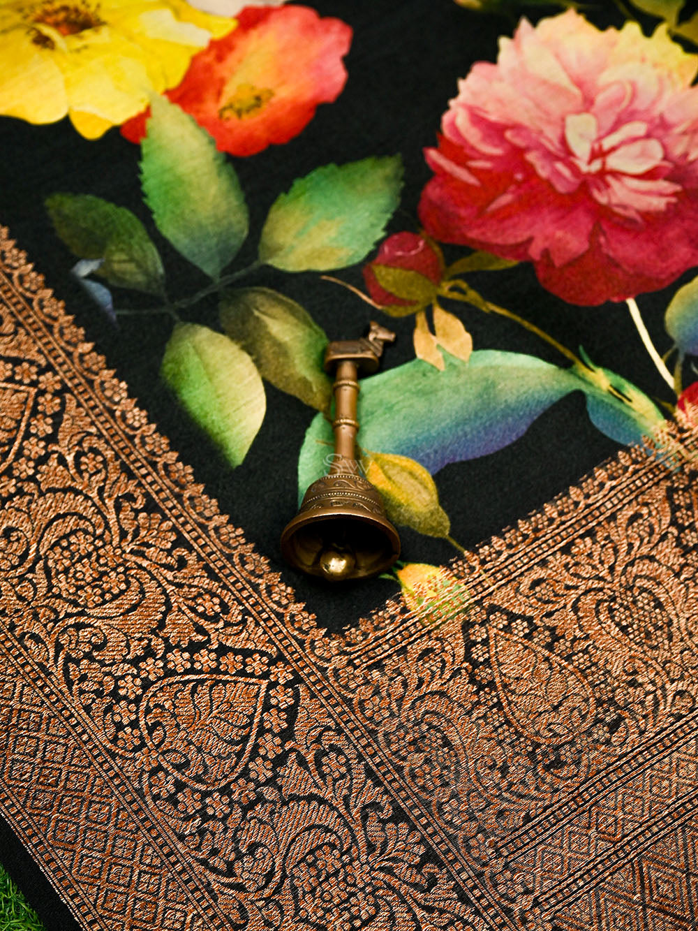 Black Digital Printed Tussar Silk Handloom Banarasi Saree