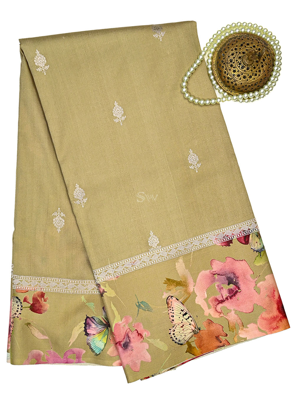 Dark Beige Silver Booti Tussar Silk Handloom Banarasi Saree