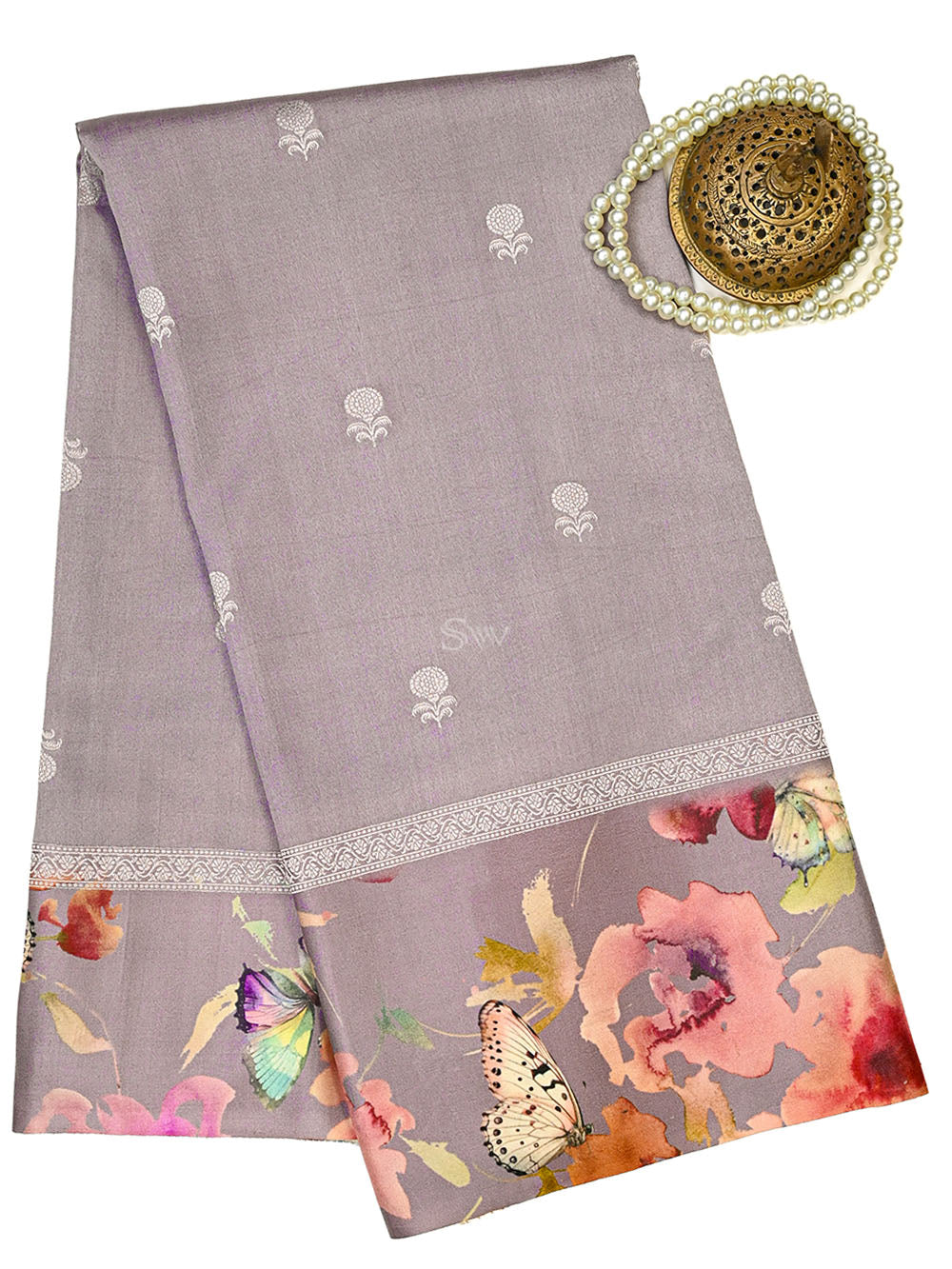Lilac Silver Booti Tussar Silk Handloom Banarasi Saree
