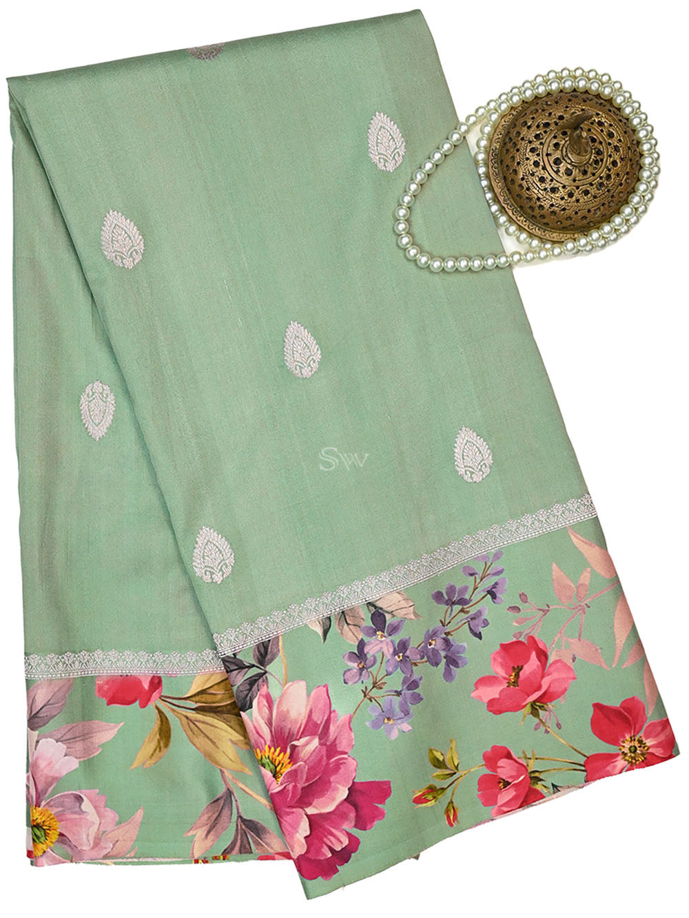 Aqua Green Silver Booti Tussar Silk Handloom Banarasi Saree