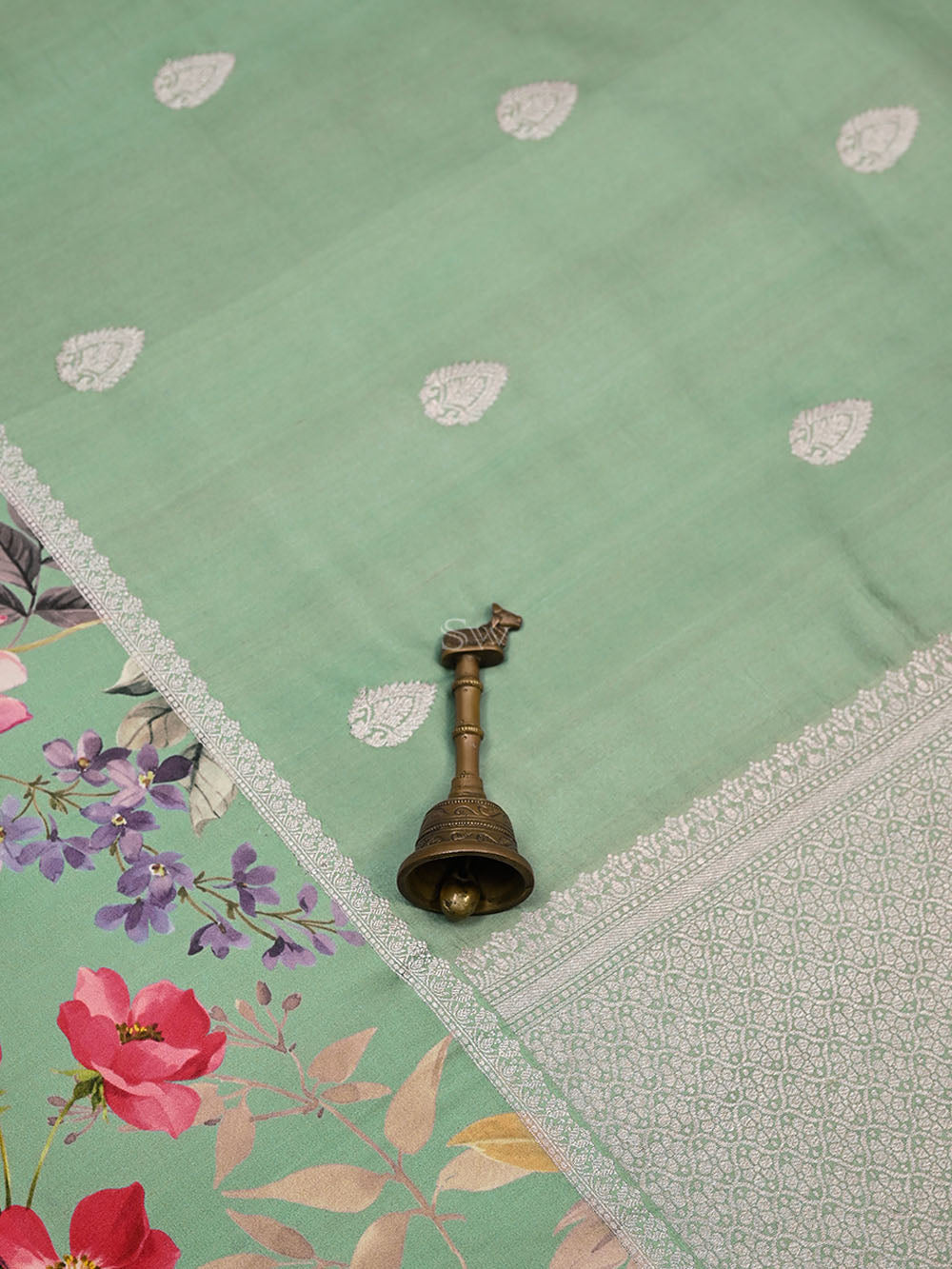 Aqua Green Silver Booti Tussar Silk Handloom Banarasi Saree