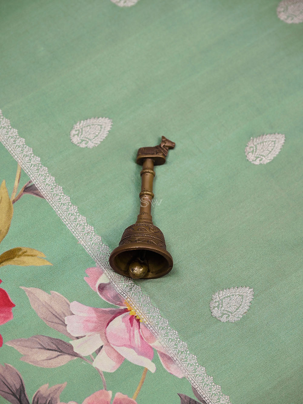 Aqua Green Silver Booti Tussar Silk Handloom Banarasi Saree