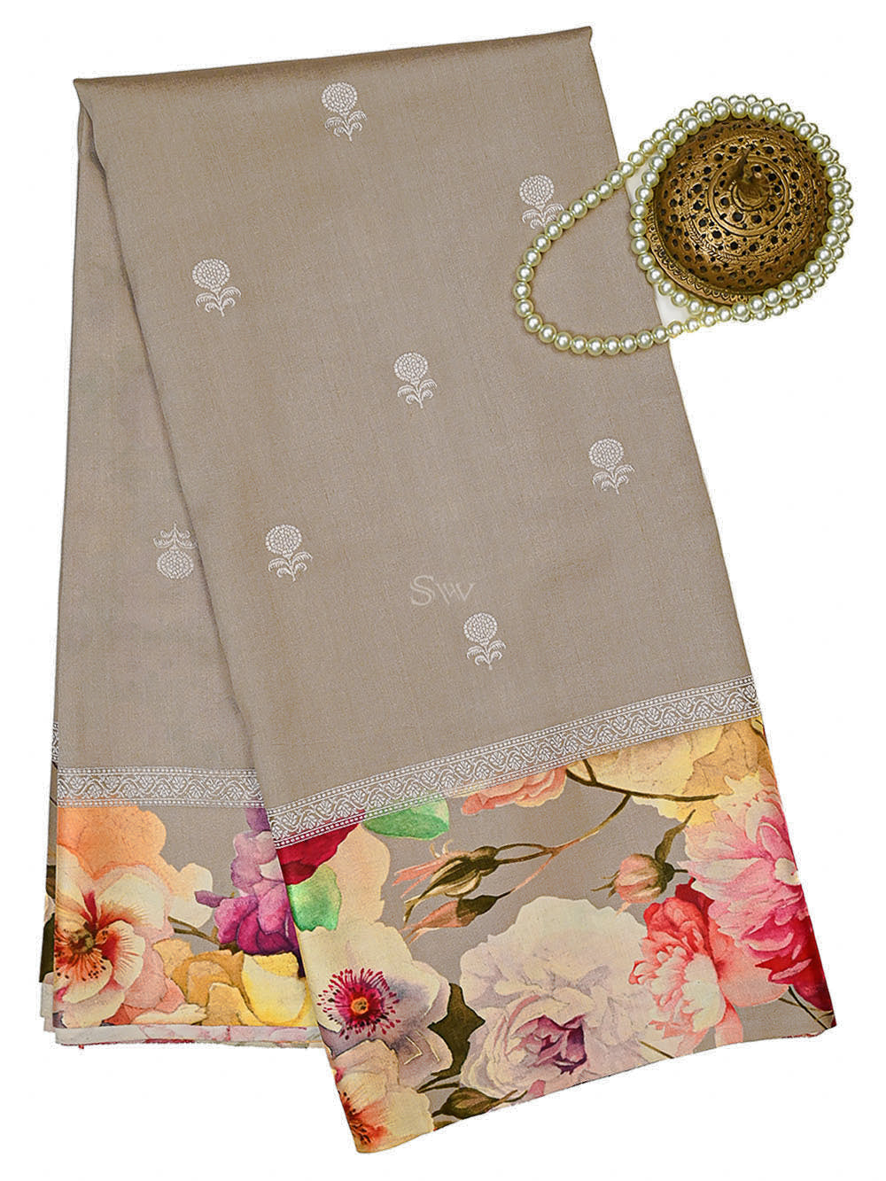 Grey Silver Booti Tussar Silk Handloom Banarasi Saree