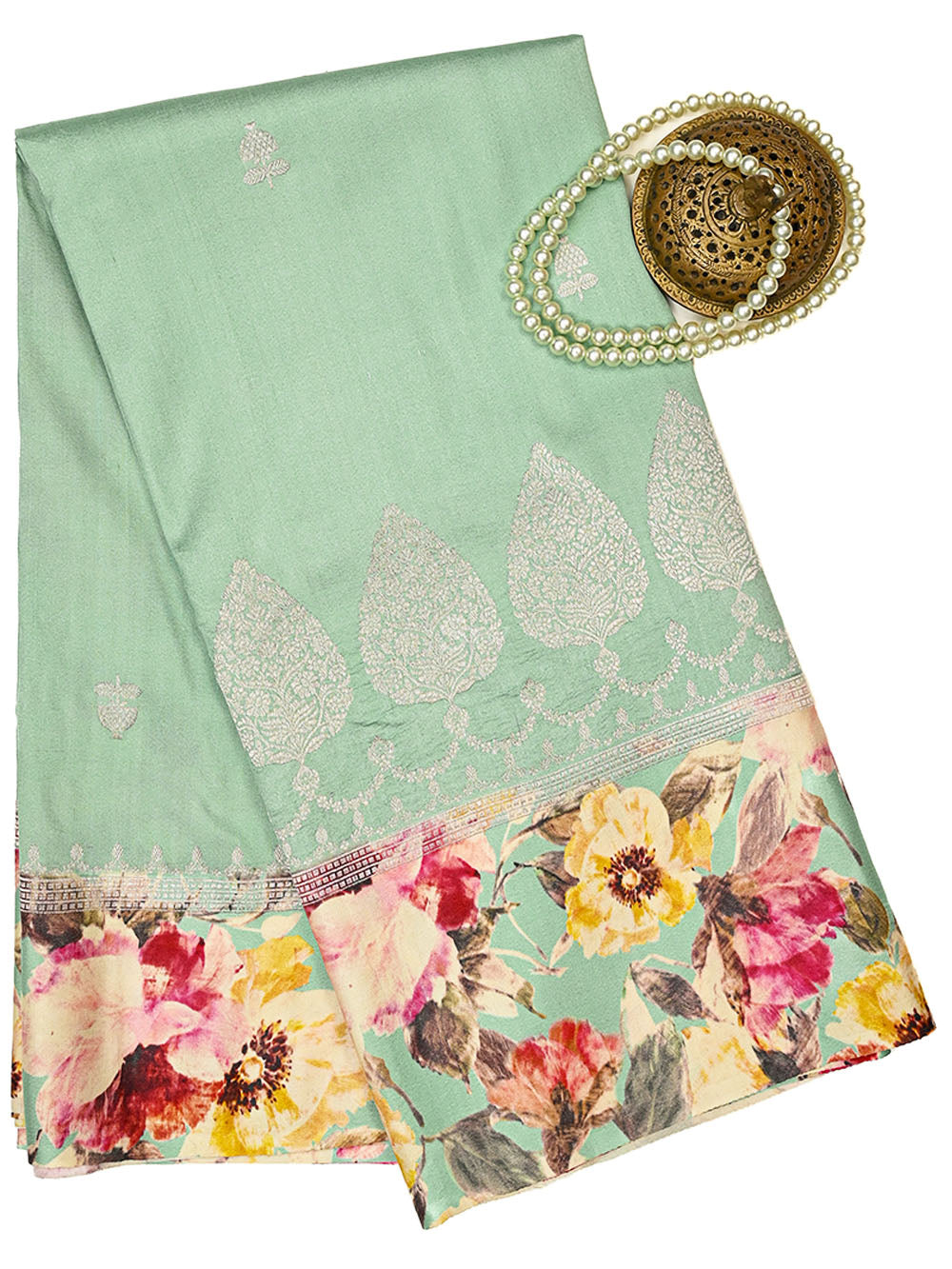 Aqua Green Silver Booti Tussar Silk Handloom Banarasi Saree