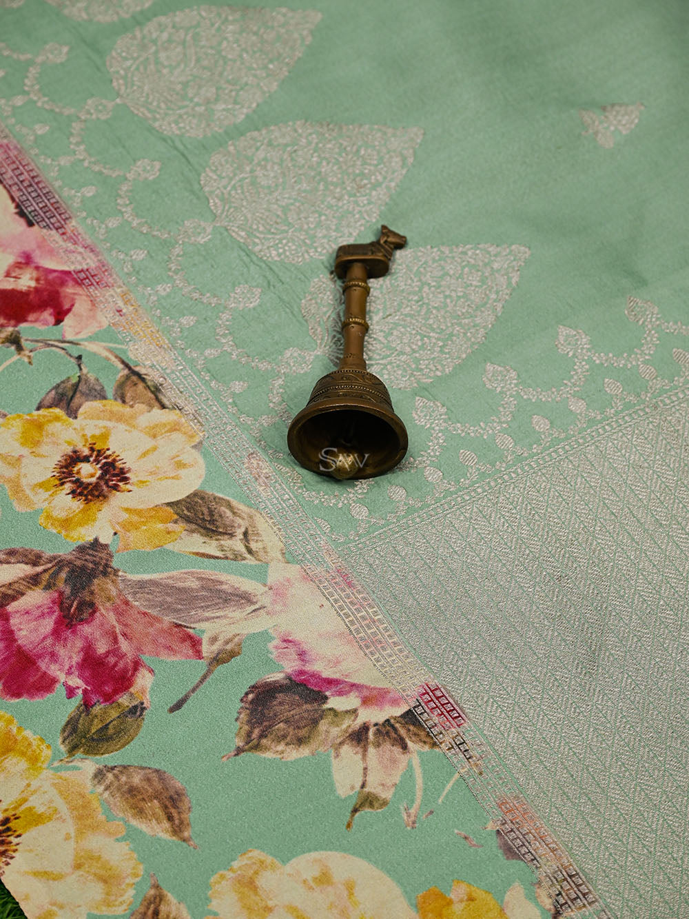 Aqua Green Silver Booti Tussar Silk Handloom Banarasi Saree