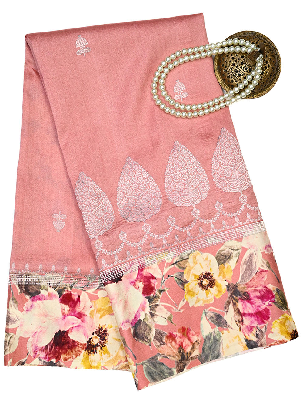Peach Silver Booti Tussar Silk Handloom Banarasi Saree