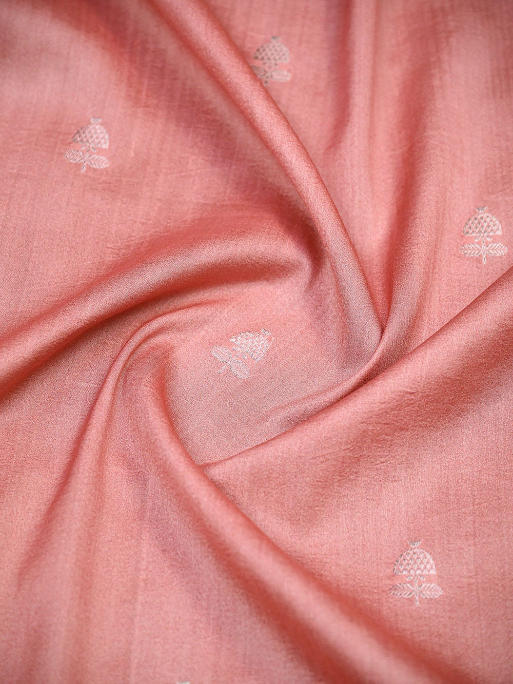 Peach Silver Booti Tussar Silk Handloom Banarasi Saree