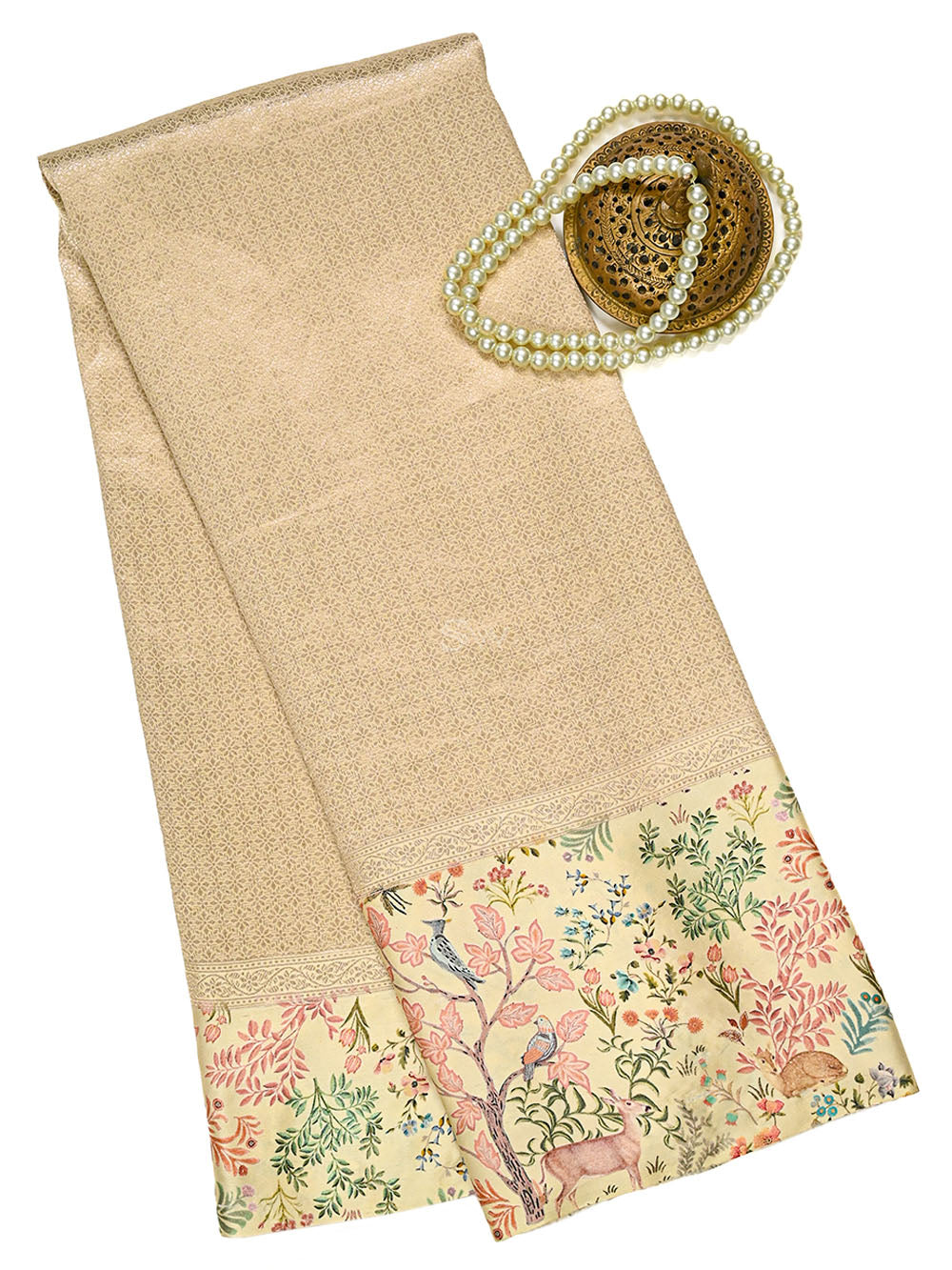 Beige Silk Brocade Handloom Banarasi Saree