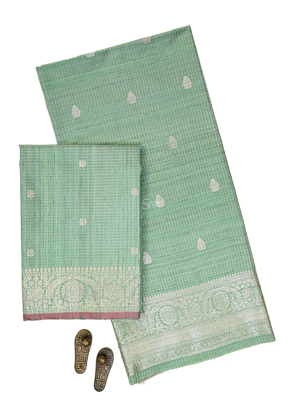 Seafoam Green Booti Dupion Silk Handloom Banarasi Suit - Sacred Weaves