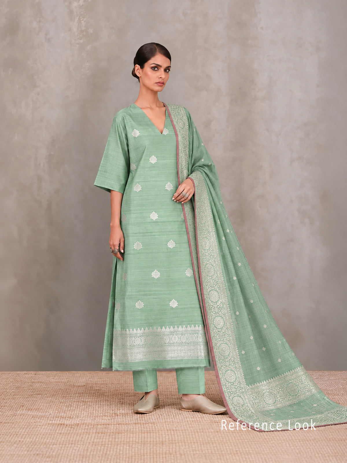 Seafoam Green Booti Dupion Silk Handloom Banarasi Suit - Sacred Weaves