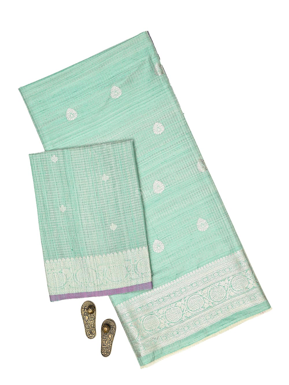 Seafoam Green Booti Dupion Silk Handloom Banarasi Suit - Sacred Weaves