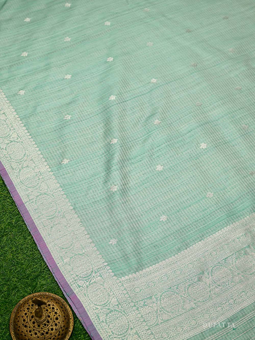 Seafoam Green Booti Dupion Silk Handloom Banarasi Suit - Sacred Weaves