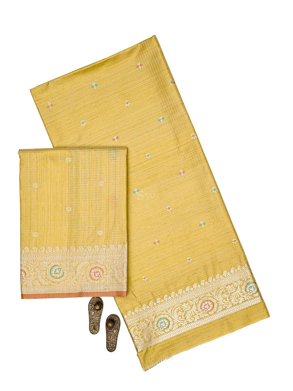 Yellow Booti Dupion Silk Handloom Banarasi Suit - Sacred Weaves